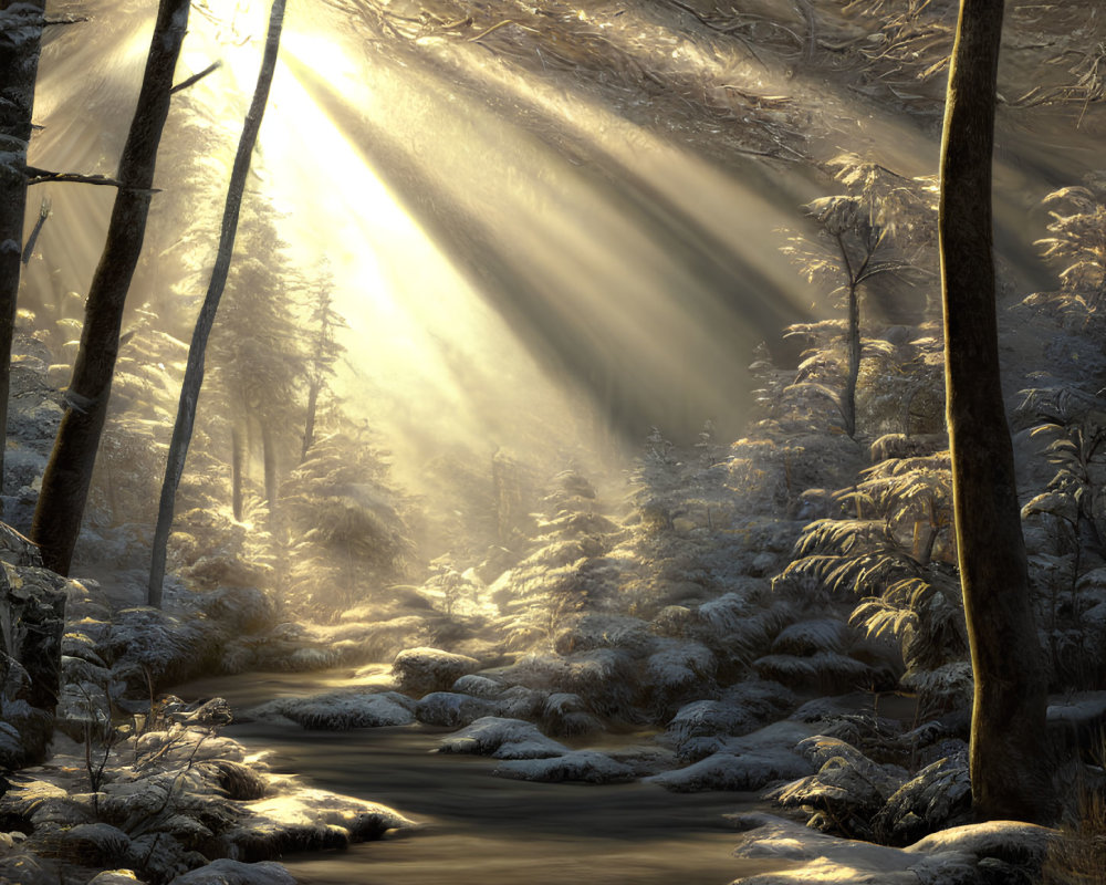 Snowy forest stream under sunbeams in winter landscape