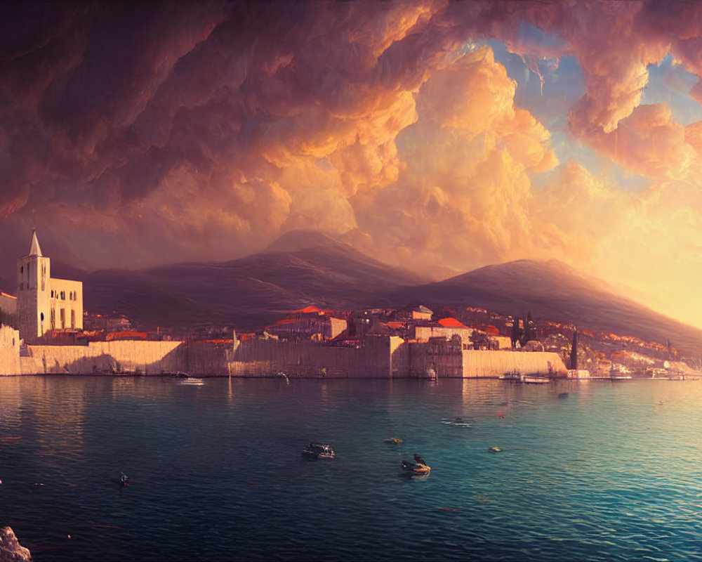 Medieval coastal town with calm sea, boats, and golden clouds over mountain backdrop