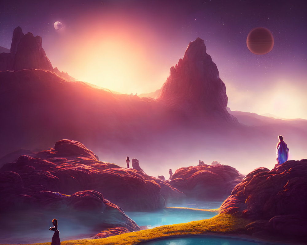 Vibrant skies and celestial bodies in fantastical landscape