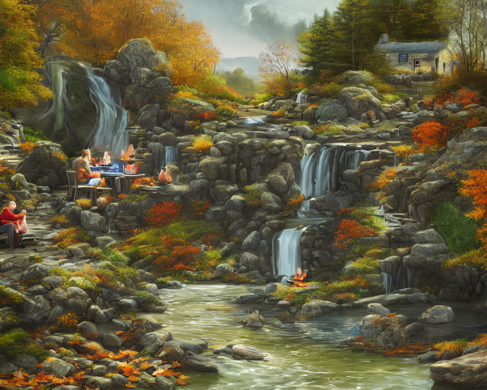 Tranquil autumn scene with waterfall, cottage, picnic, and fishing