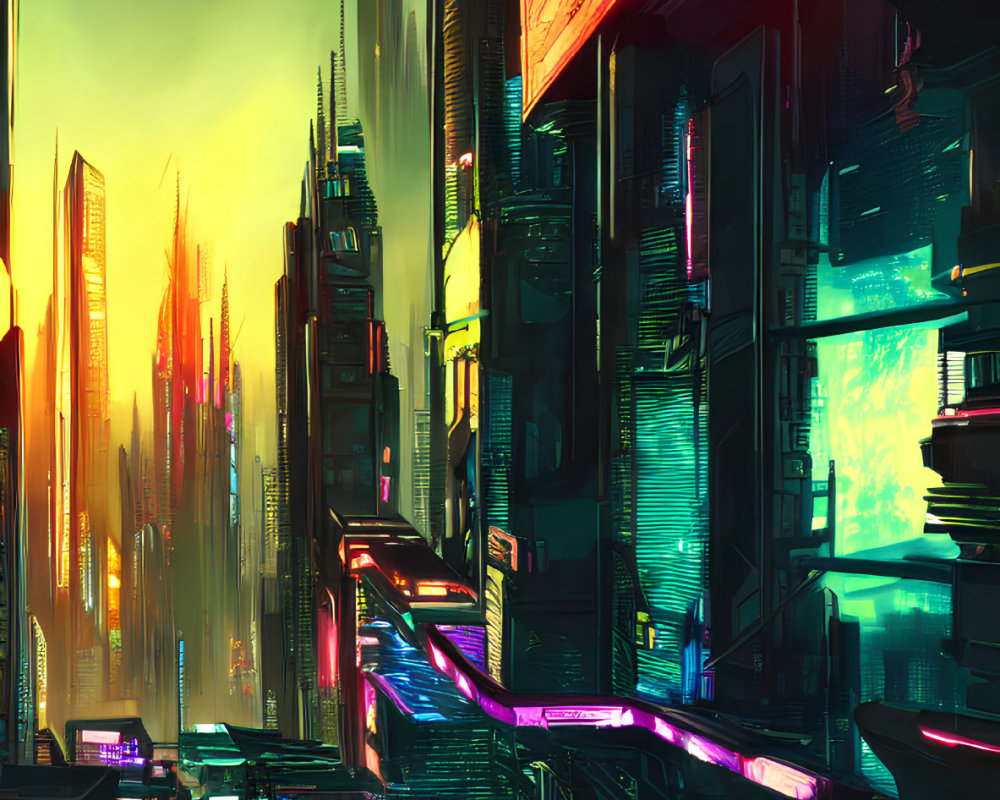 Futuristic neon-lit cityscape with skyscrapers and cyberpunk vibe