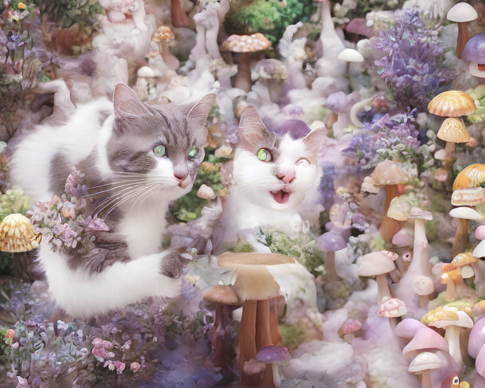 Whimsical forest scene with two cats amid colorful mushrooms and flowers