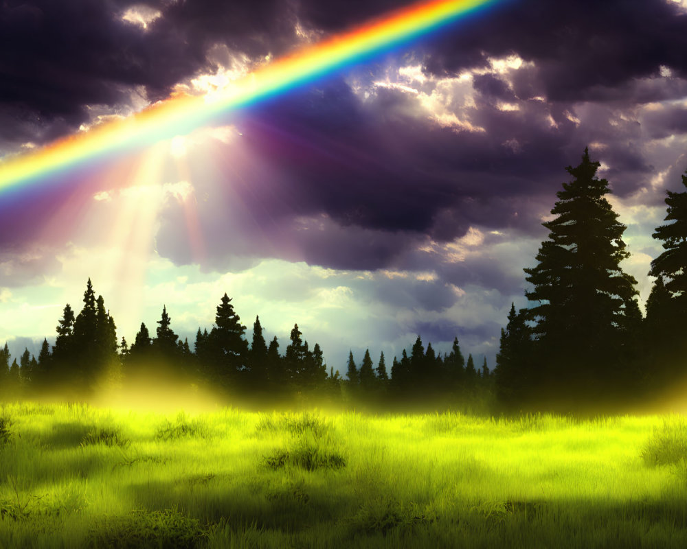 Colorful rainbow over lush forest and meadow with sun rays and clouds