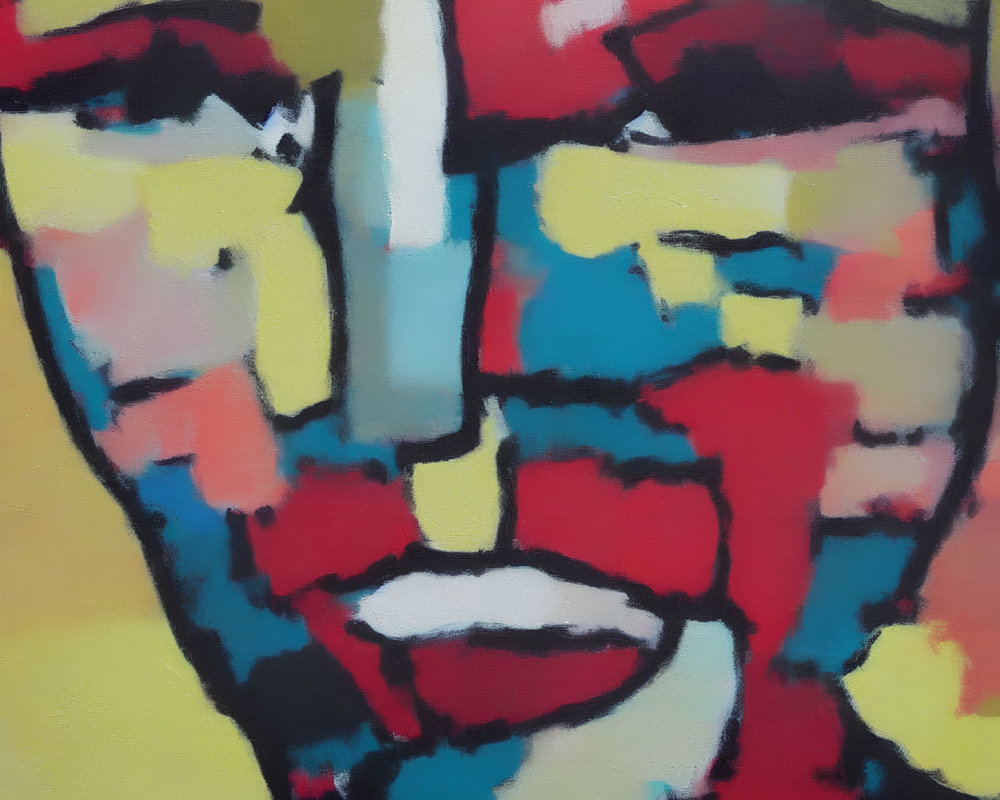 Vibrant abstract painting of a face with bold, colorful blocks.