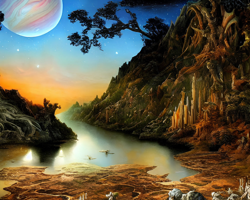 Fantastical landscape with serene river, glowing sunset, rock formations, planet, and boat.