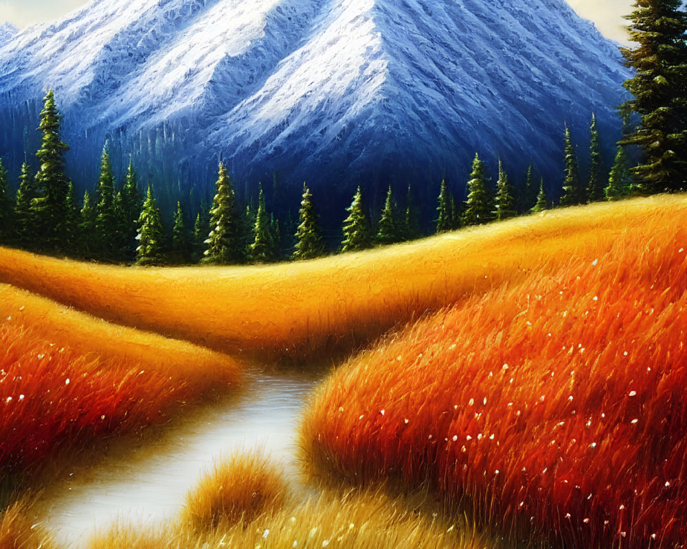 Scenic landscape painting: meandering stream, golden fields, evergreen trees, snow-capped mountain