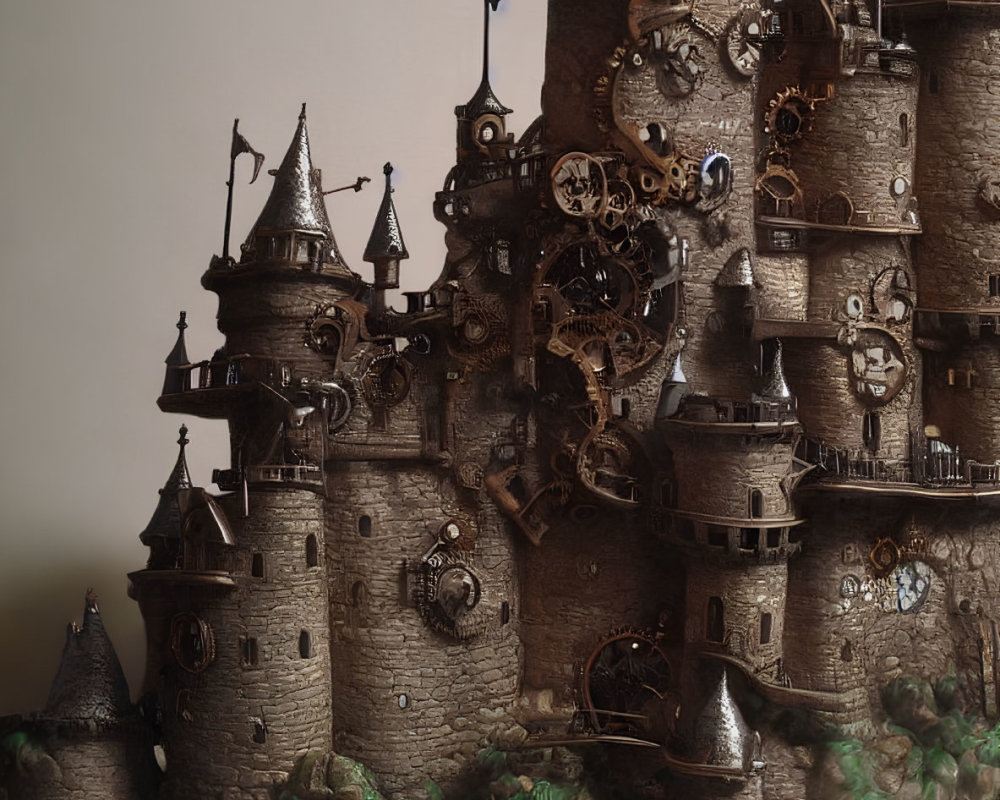 Fantasy-style castle with steampunk spires and cogwheels