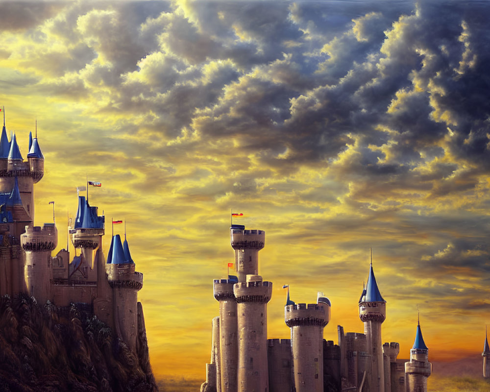 Majestic castle with multiple towers under golden sunset sky