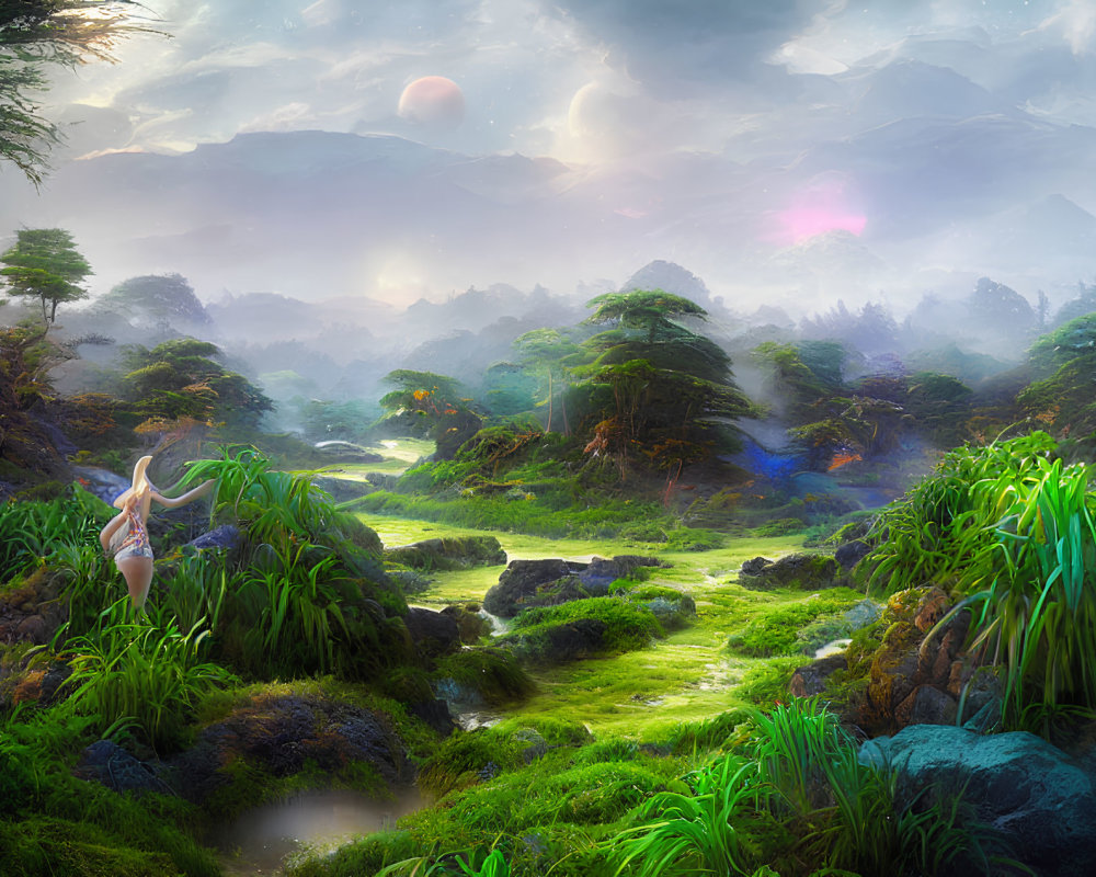 Vibrant greenery, meandering path, mystical orbs, and ethereal figure in lush landscape