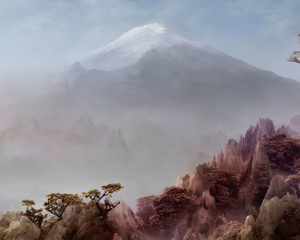 Snow-capped peak in misty mountainous landscape with rugged terrain and sparse trees.