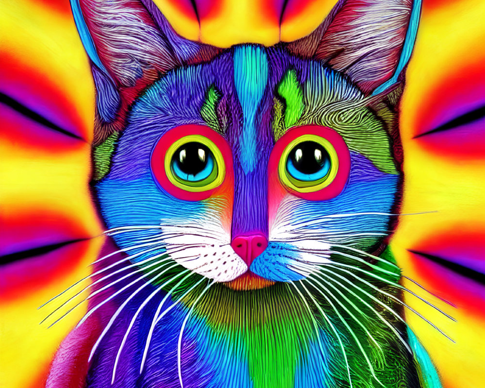 Colorful Cat Illustration with Psychedelic Fur and Green Eyes on Tie-Dye Background