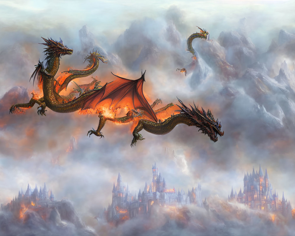 Majestic dragons flying over misty landscape with castle spires