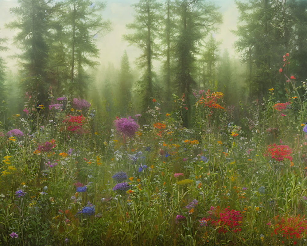 Misty meadow with vibrant wildflowers and evergreen trees in foggy backdrop