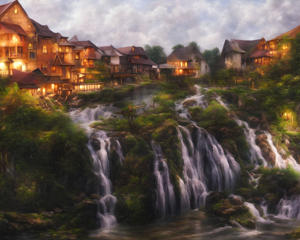 Scenic village with illuminated houses on waterfalls at twilight