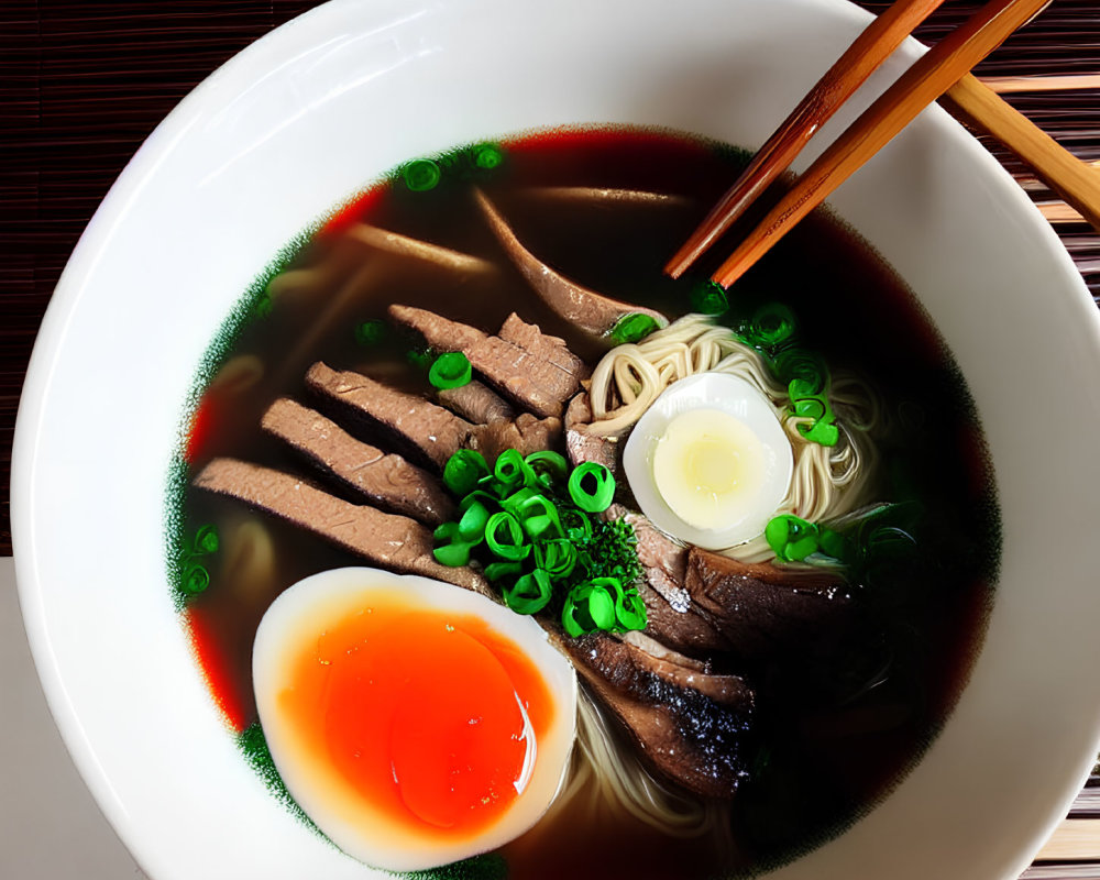 Savory beef ramen with egg, noodles, green onions, and chopsticks