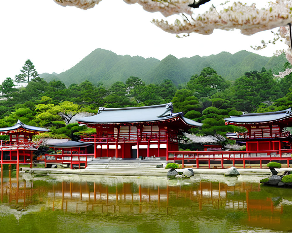 Serene pond reflects red Japanese buildings surrounded by cherry blossoms