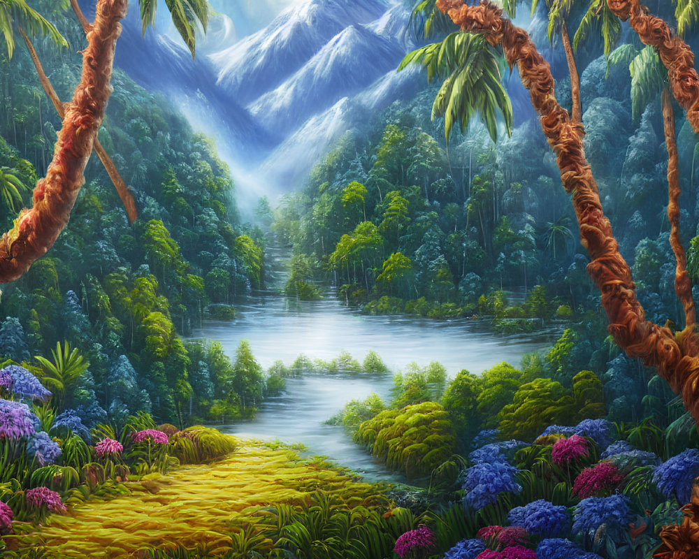 Colorful Tropical Landscape Painting with Lake and Mountains