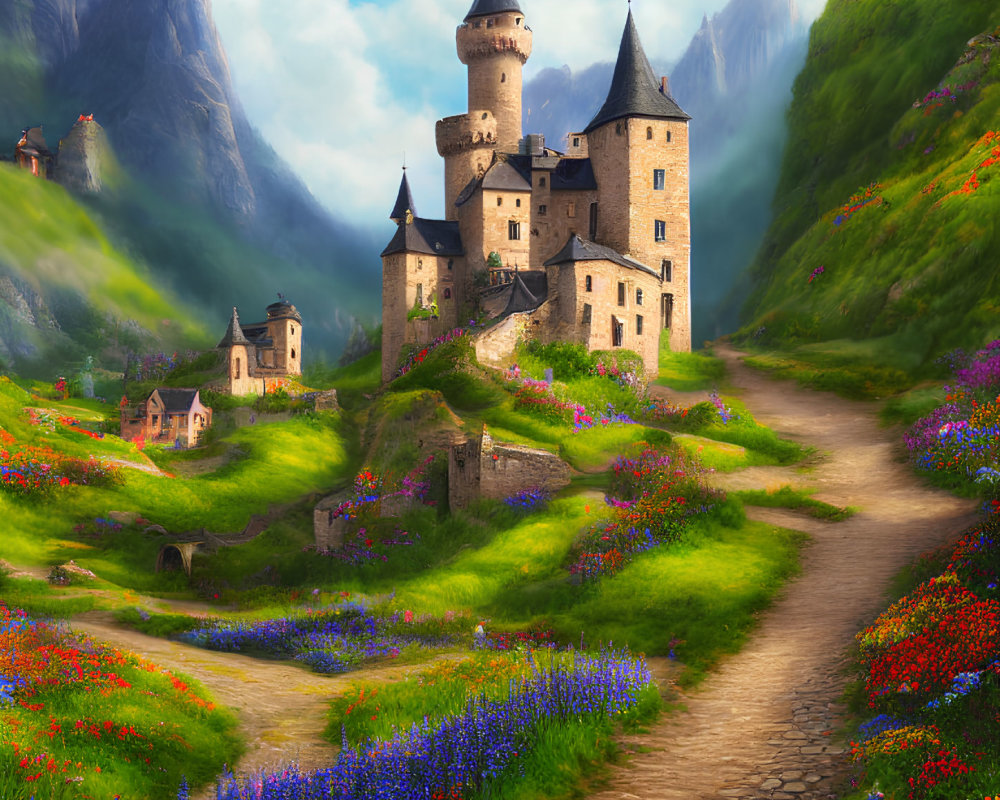 Castle surrounded by vibrant floral landscape and mountains