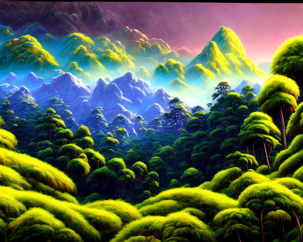 Lush Green Tree-Covered Mountains Under Colorful Sky