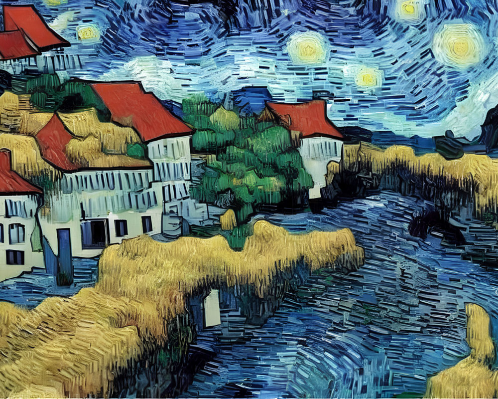 Vibrant Van Gogh-style painting of starry night over quaint village