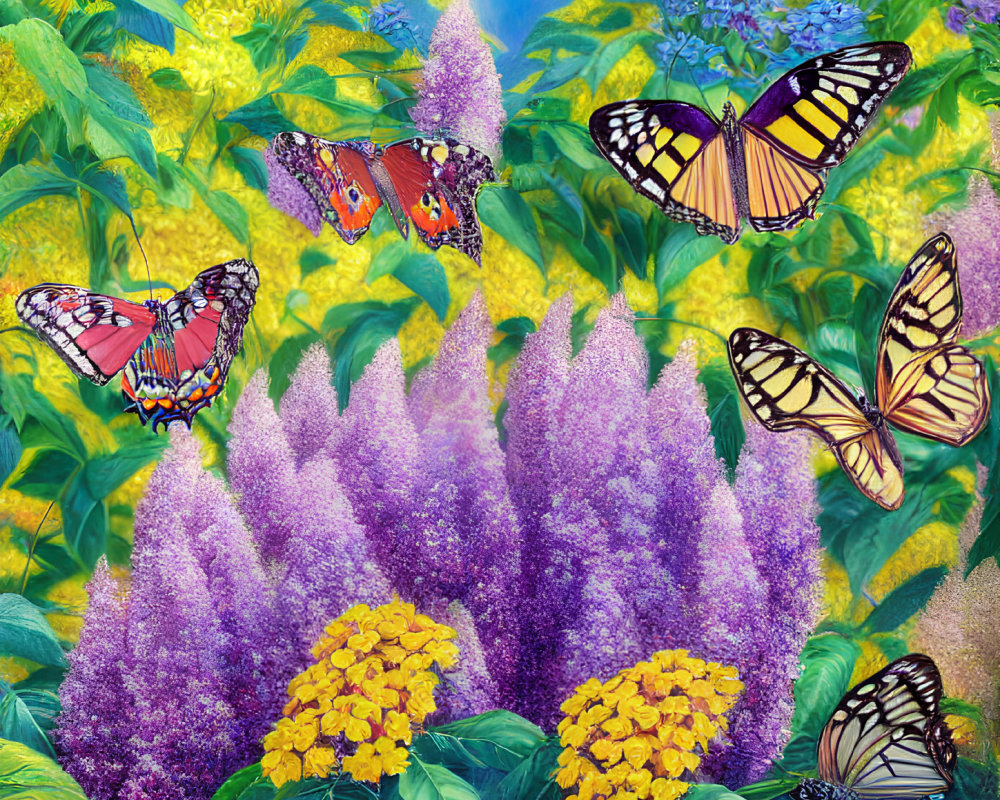 Colorful Garden with Purple and Yellow Flowers and Butterflies