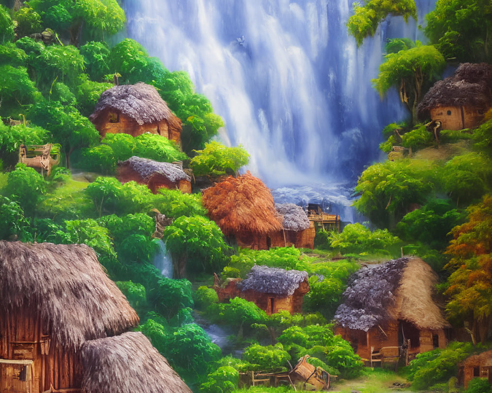 Scenic painting of thatched-roof cottages, waterfall, and stream