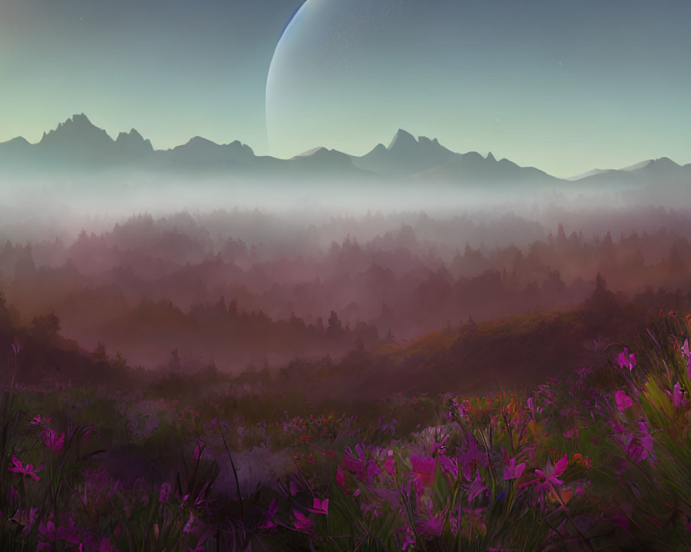 Alien landscape at dawn with purple flowers, forested hills, and mountains under a large moon