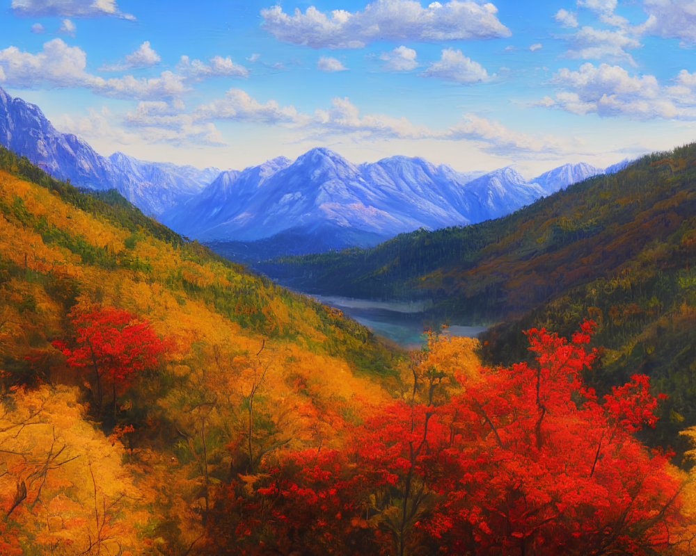 Autumn mountain landscape painting with red and yellow foliage