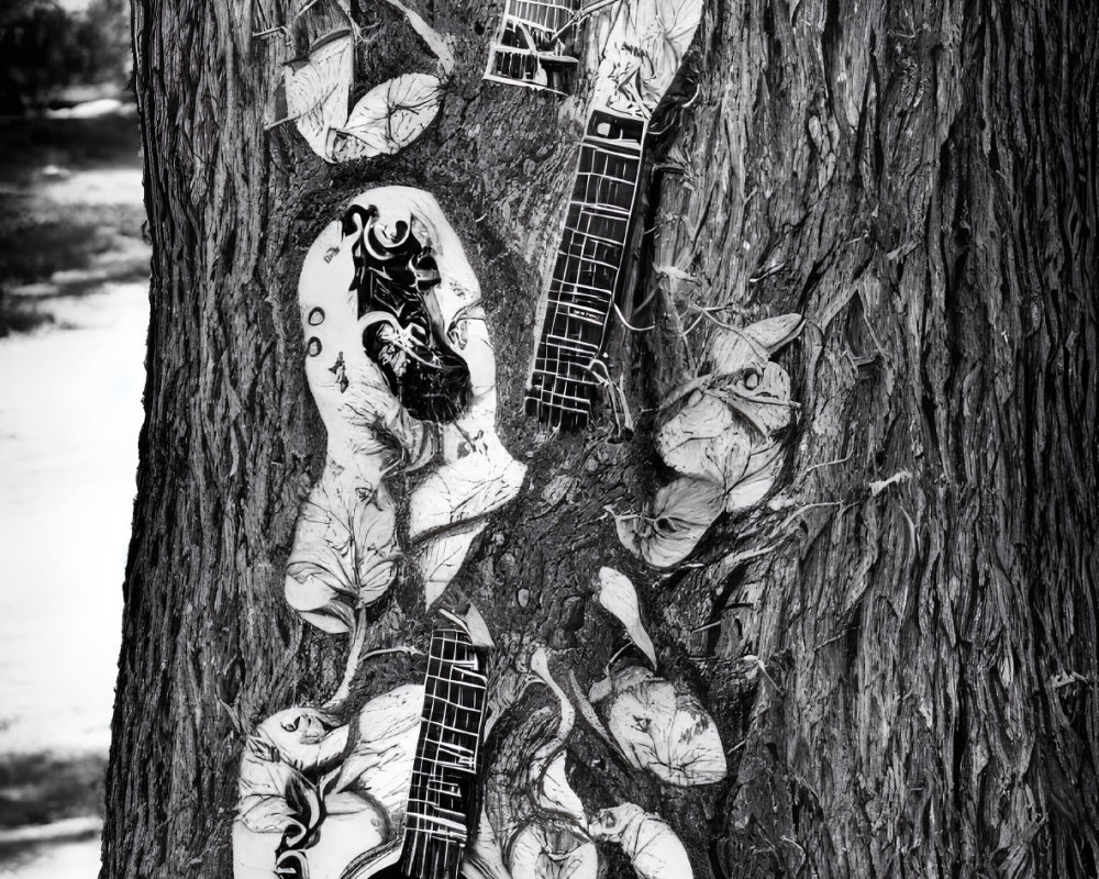 Ornate Decorated Guitar Leaning Against Tree with Intricate Designs and Vines