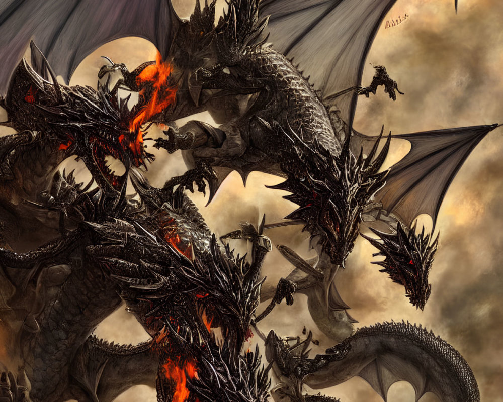 Multi-headed dragon with fiery breath and expansive wings in smoky clouds