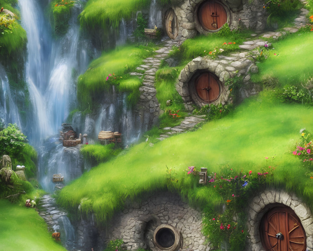 Lush Green Hillside with Hobbit-Like Houses and Waterfalls