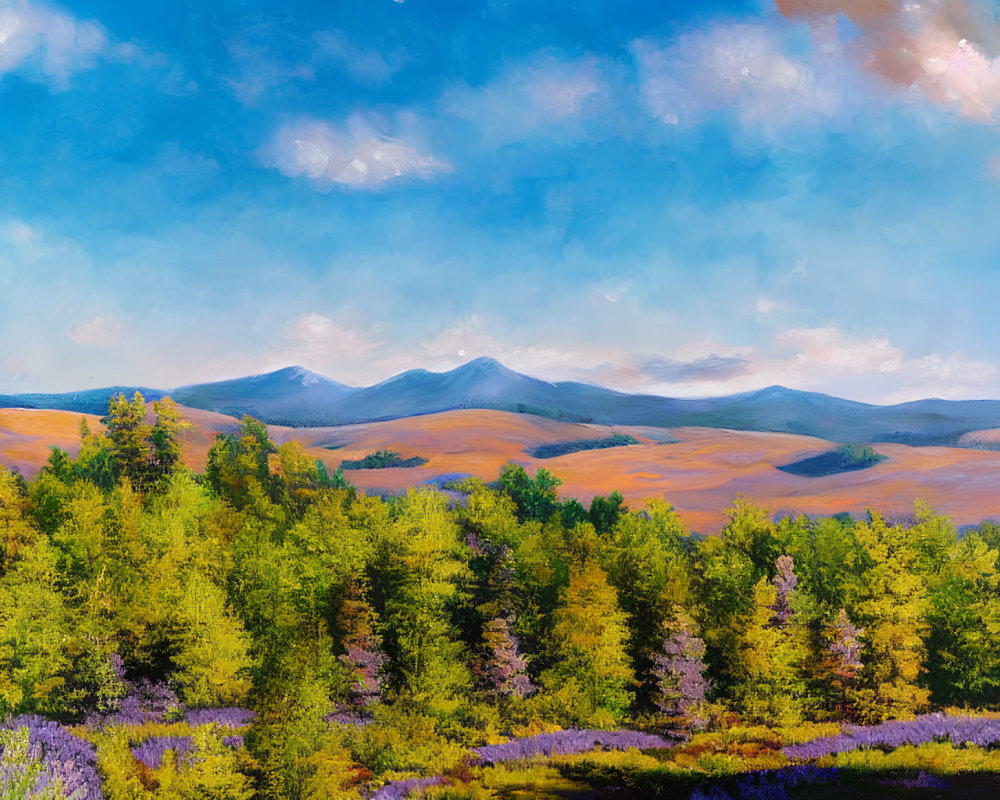 Colorful landscape painting: green forest, purple flowers, golden hills, blue mountains