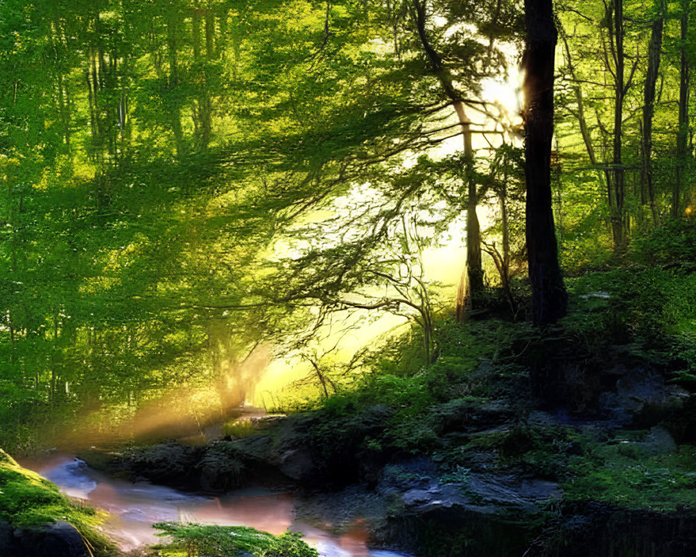 Forest canopy sunlight illuminating babbling brook with moss-covered rocks