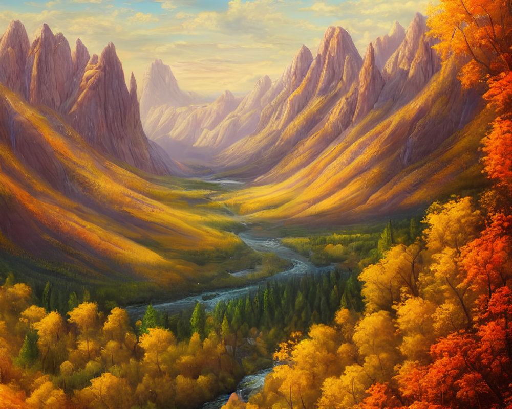 Scenic autumn landscape with river, mountains, and colorful trees