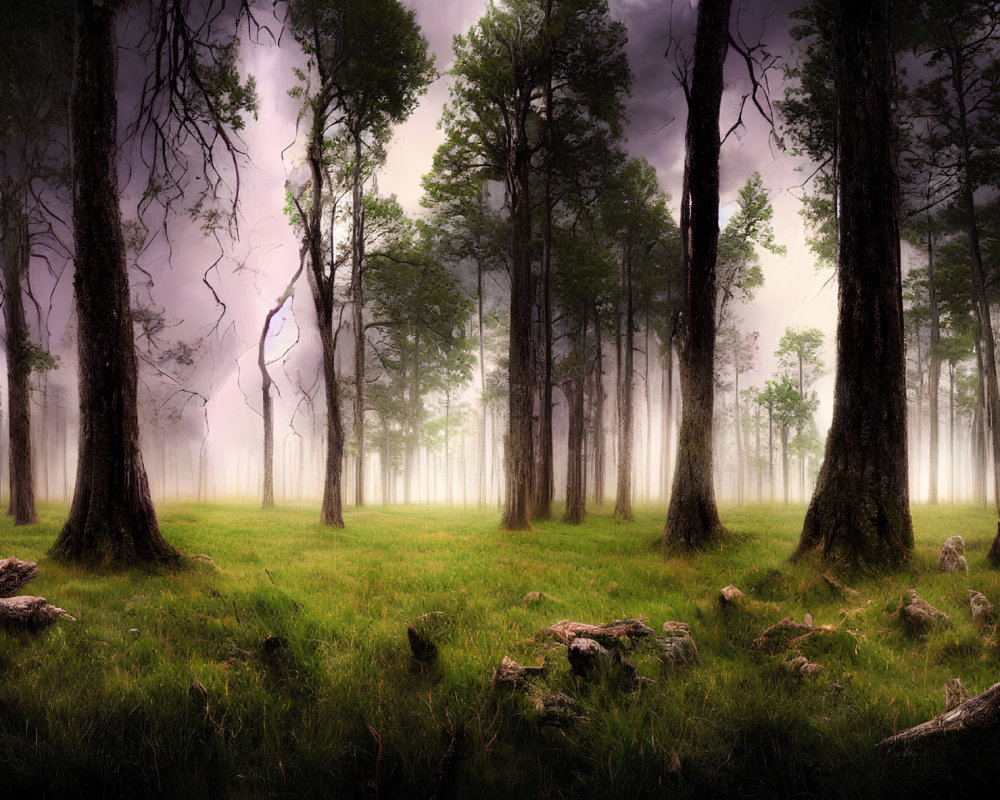 Tranquil Forest Scene with Tall Trees and Misty Atmosphere