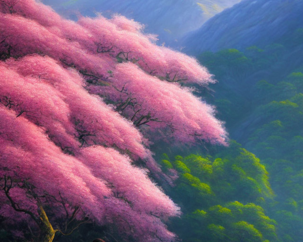 Person Picnicking Under Cherry Blossom Trees and Mountains