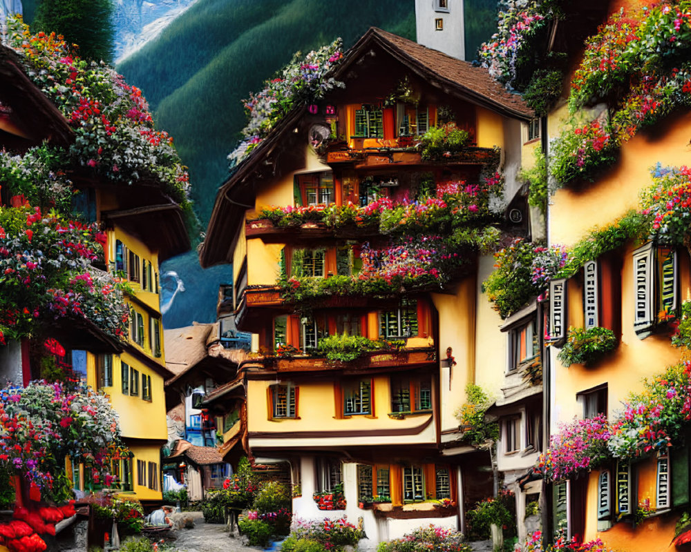 Scenic village with flower-covered buildings, river, and snowy mountains