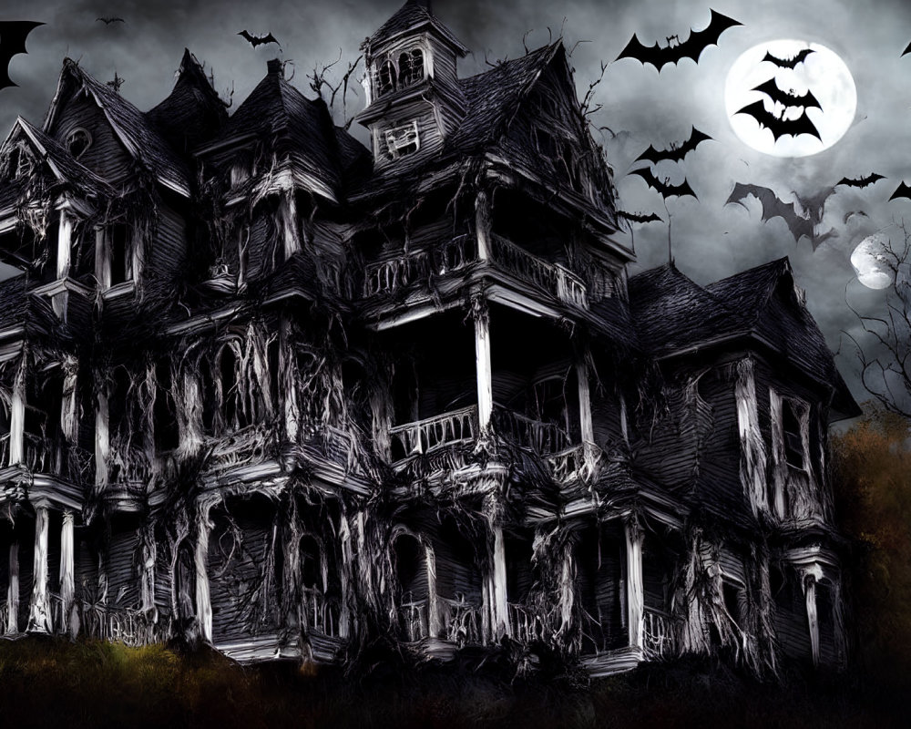 Gothic haunted house with bats under full moon