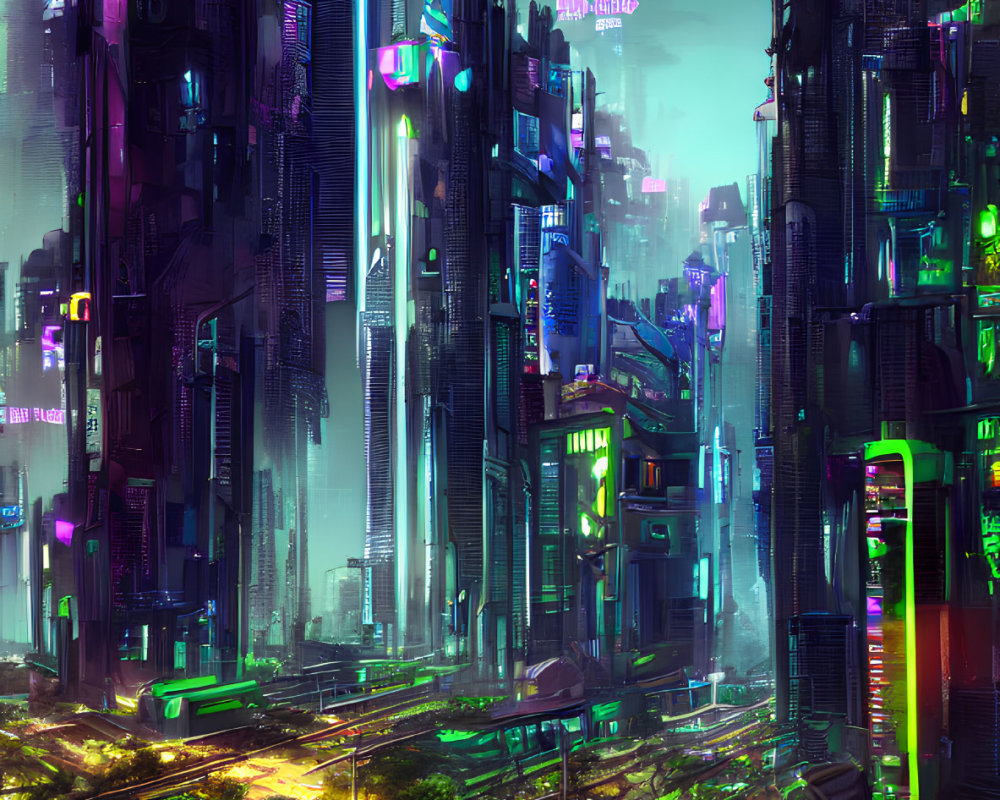 Neon-lit cyberpunk cityscape: towering skyscrapers, glowing billboards, bustling traffic