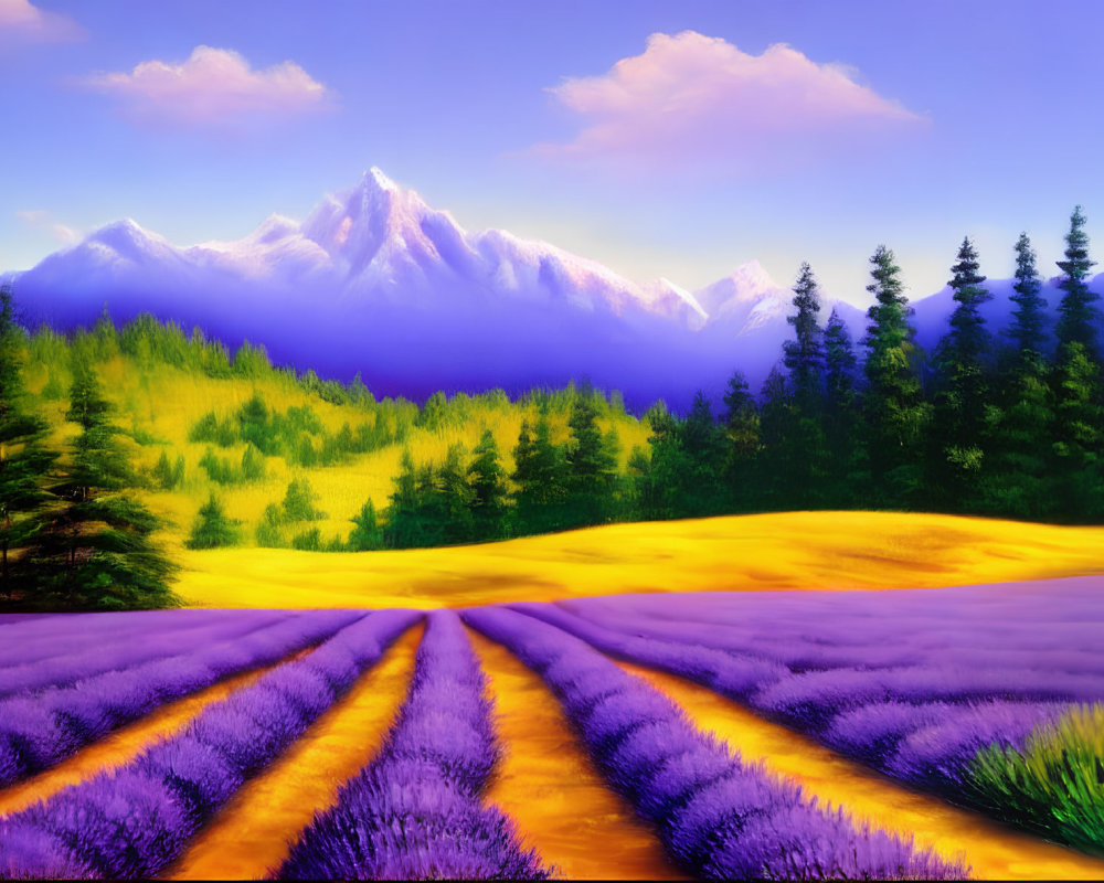 Scenic landscape with lavender fields, evergreen trees, and snow-capped mountains