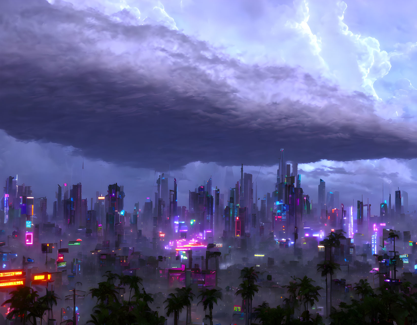 Futuristic cityscape with neon lights, skyscrapers, and stormy sky