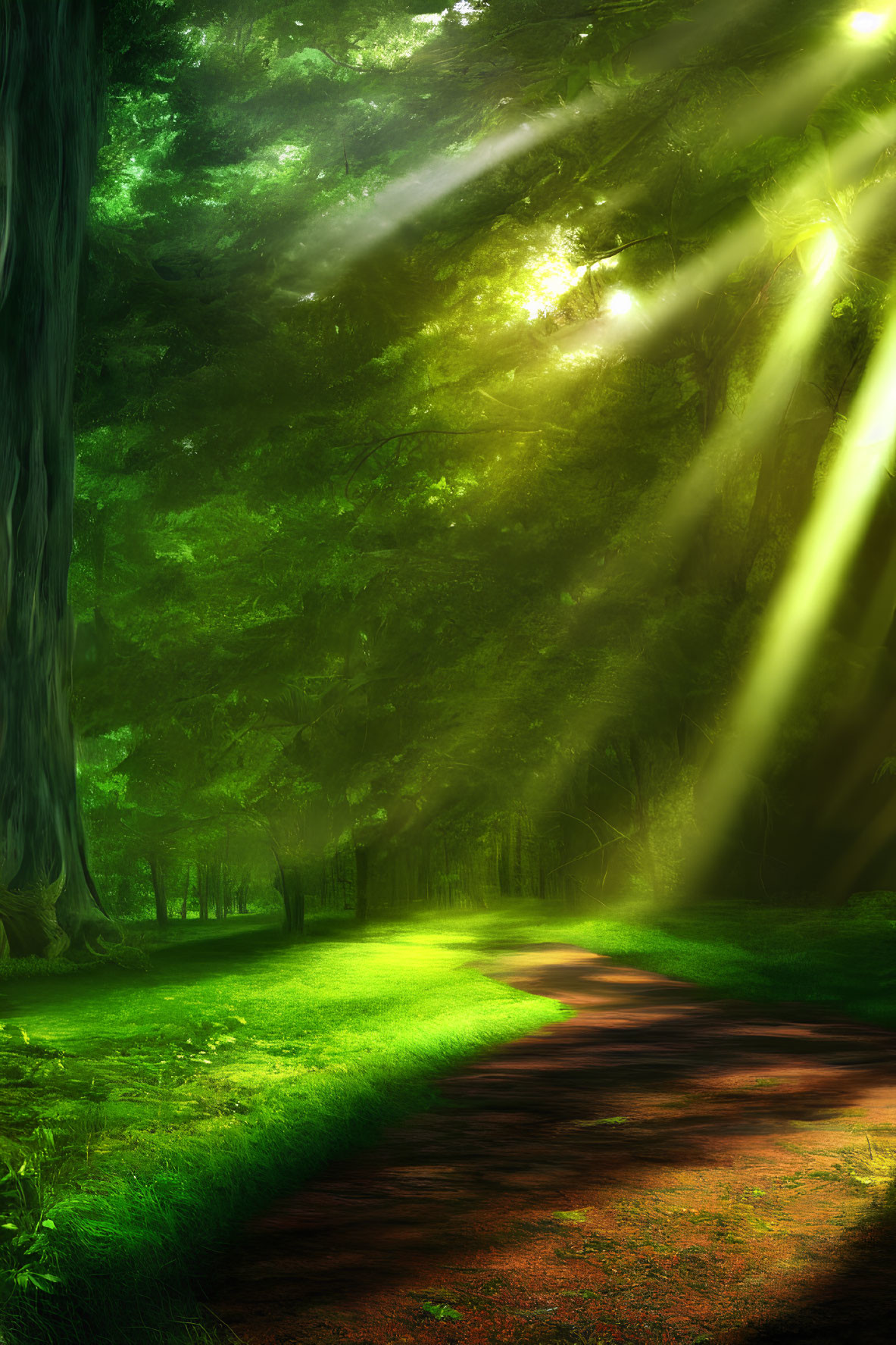 Sunlit forest with vivid green foliage and piercing ray of light