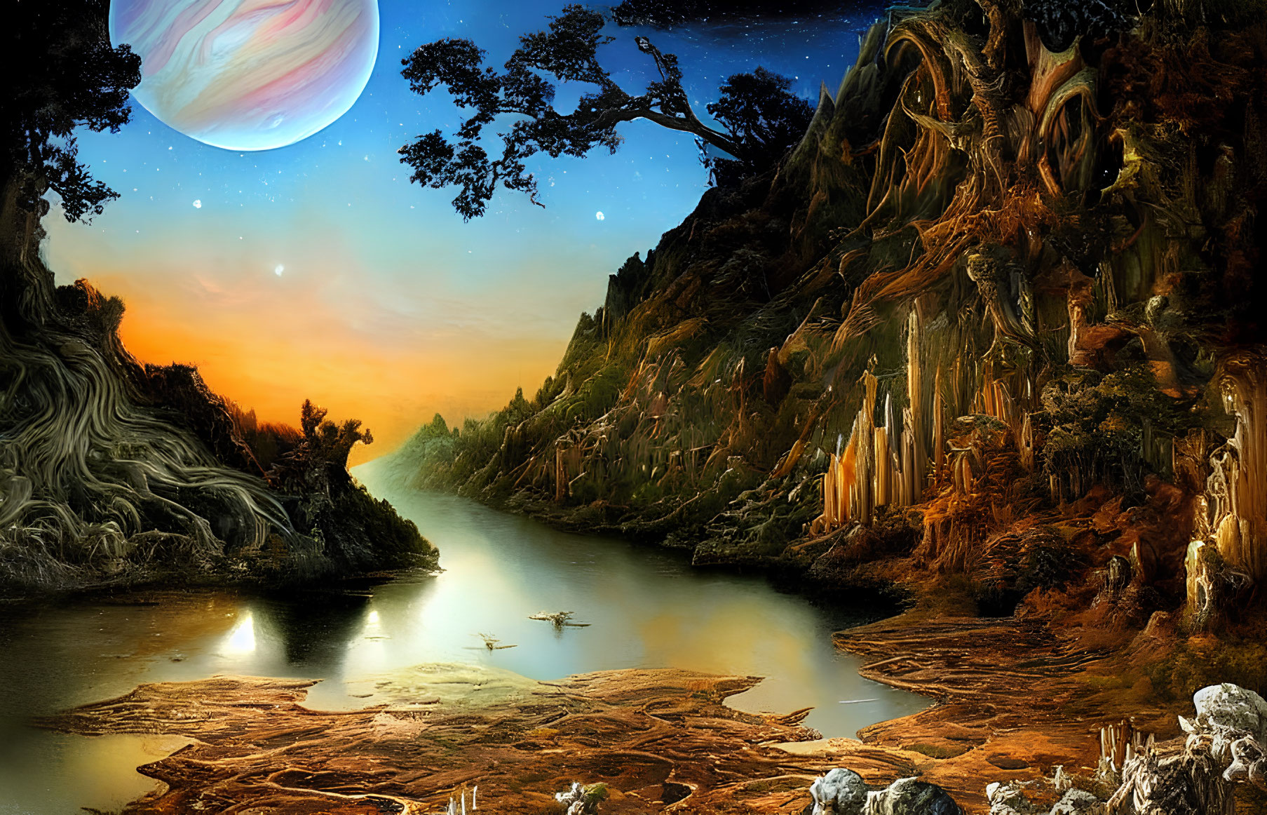 Fantastical landscape with serene river, glowing sunset, rock formations, planet, and boat.