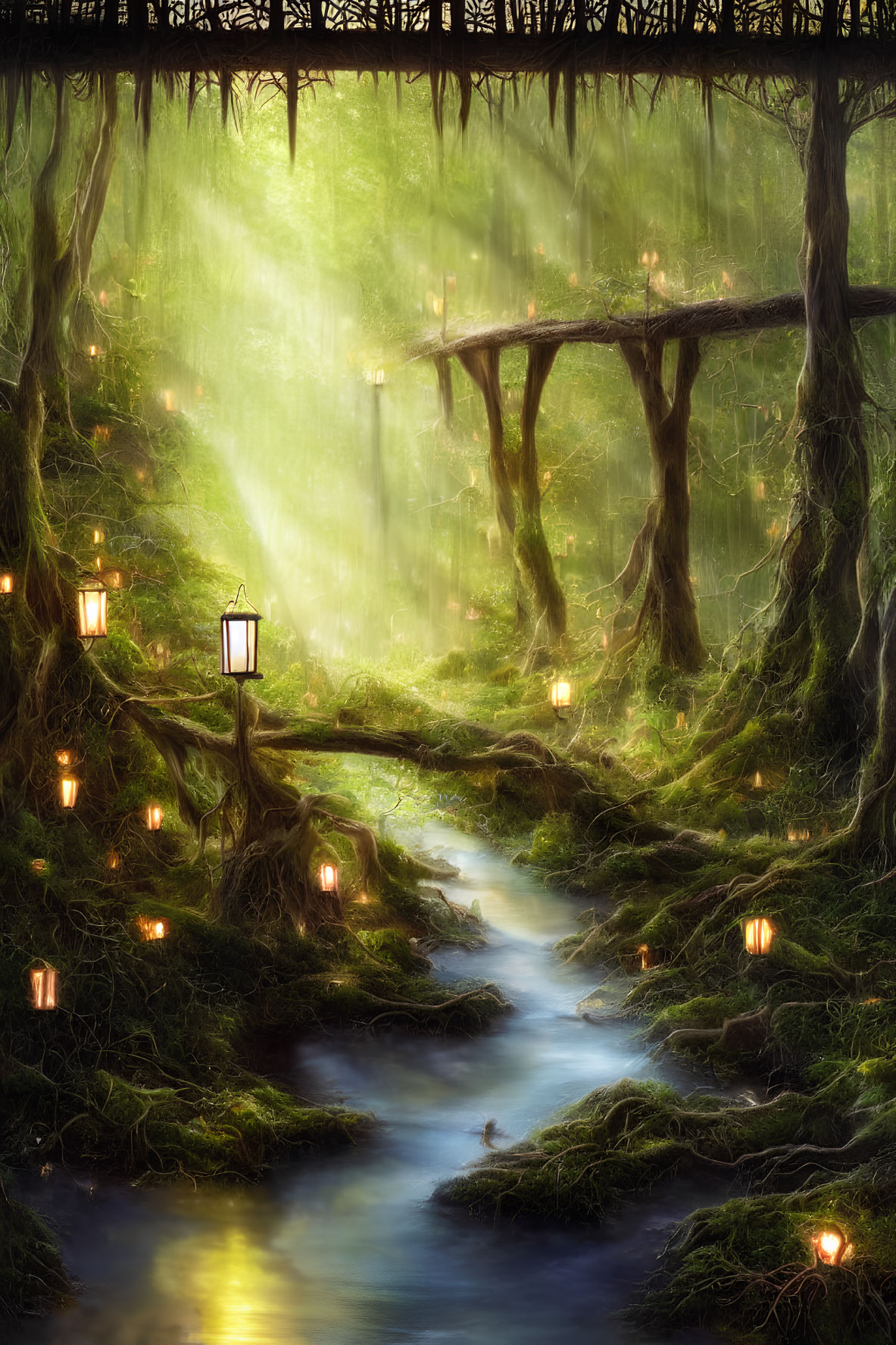 Mystical forest scene with stream, lanterns, and wooden bridge