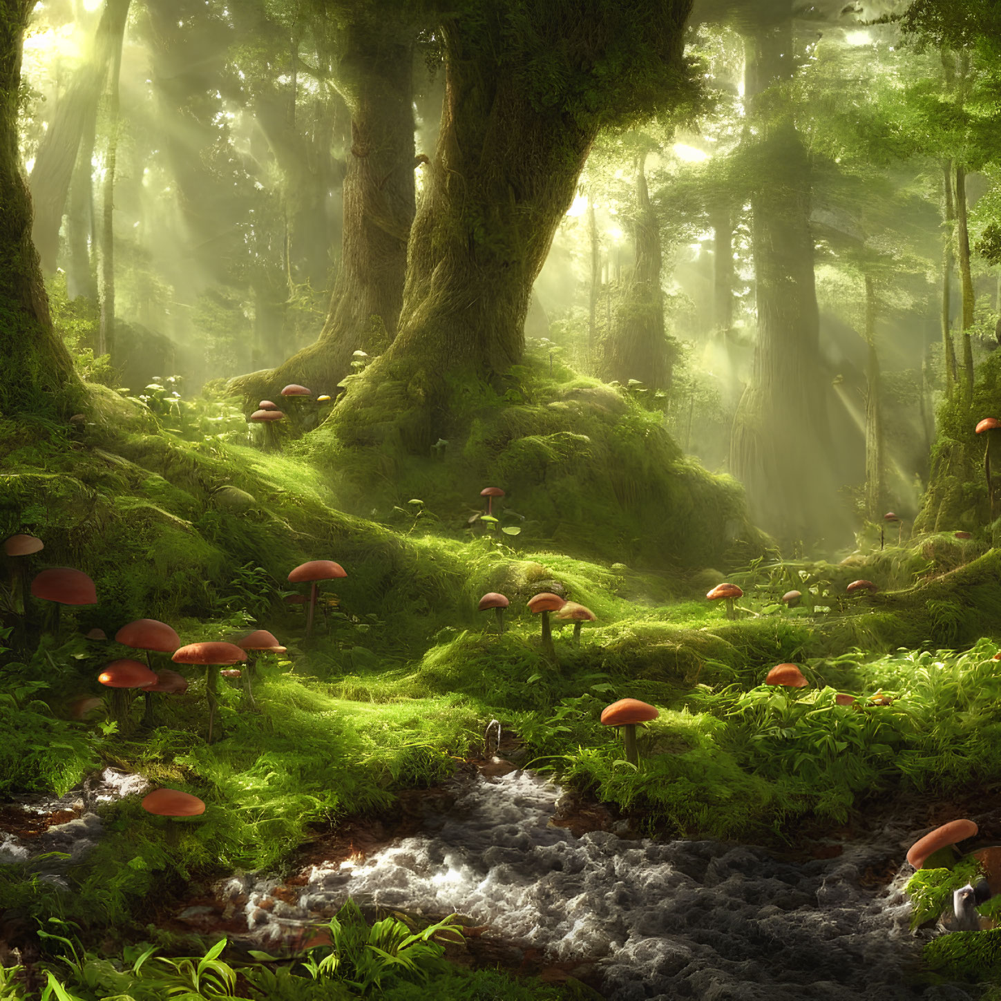 Serene forest scene with moss-covered trees, stream, and red-capped mushrooms