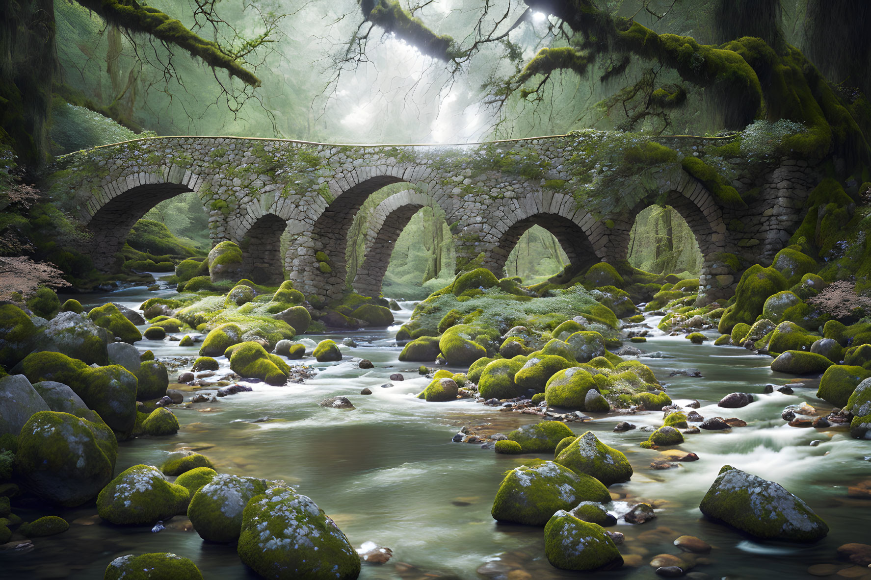 Ancient Stone Bridge with Five Arches Over Serene Stream