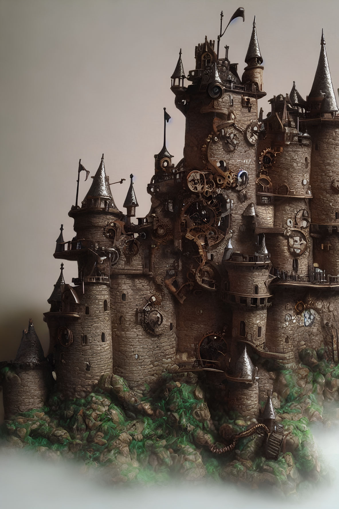 Fantasy-style castle with steampunk spires and cogwheels