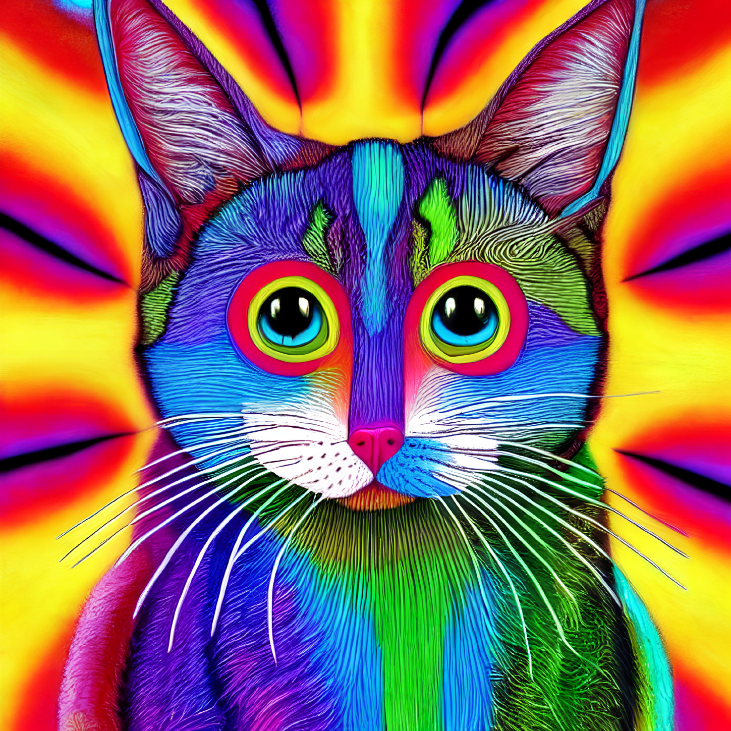 Colorful Cat Illustration with Psychedelic Fur and Green Eyes on Tie-Dye Background