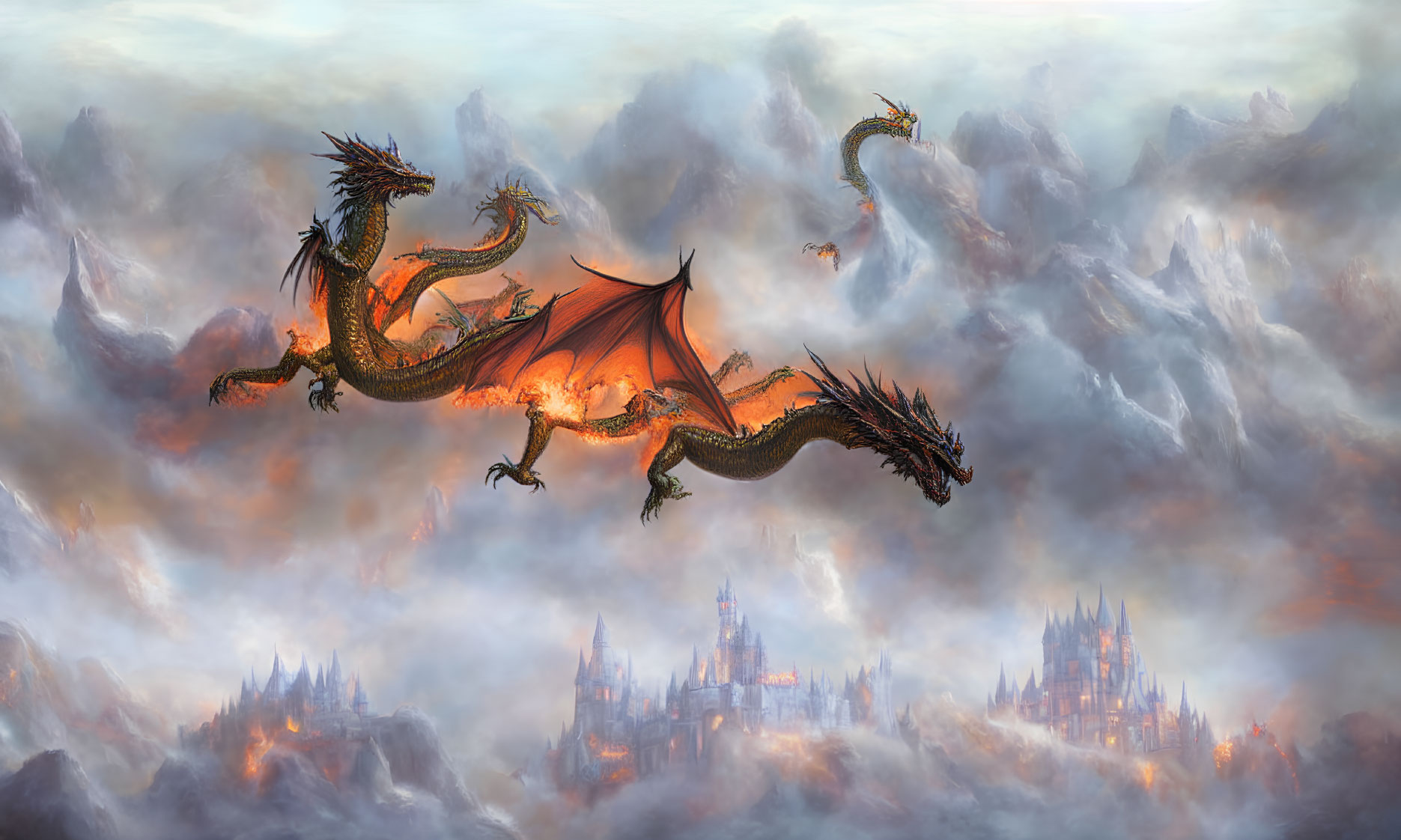 Majestic dragons flying over misty landscape with castle spires