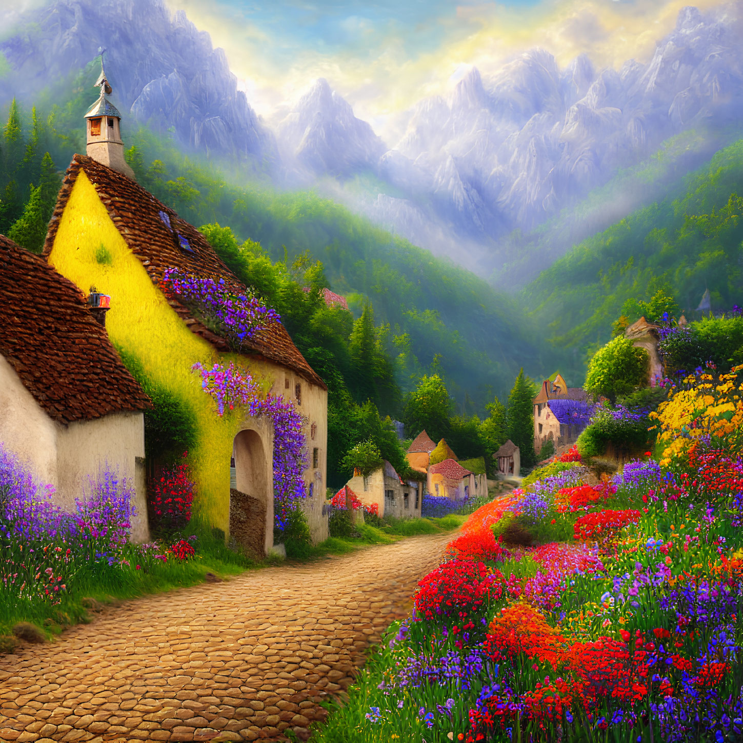 Scenic village with cobblestone streets and vibrant flowers nestled by majestic mountains